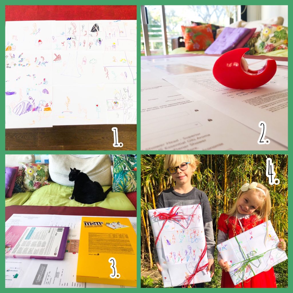 Reduce waste in wrapping gifts by repurposing kids drawings, especially if on recycled paper.